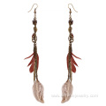 Long Feather Earrings With Peace Charms Pendant Earrings